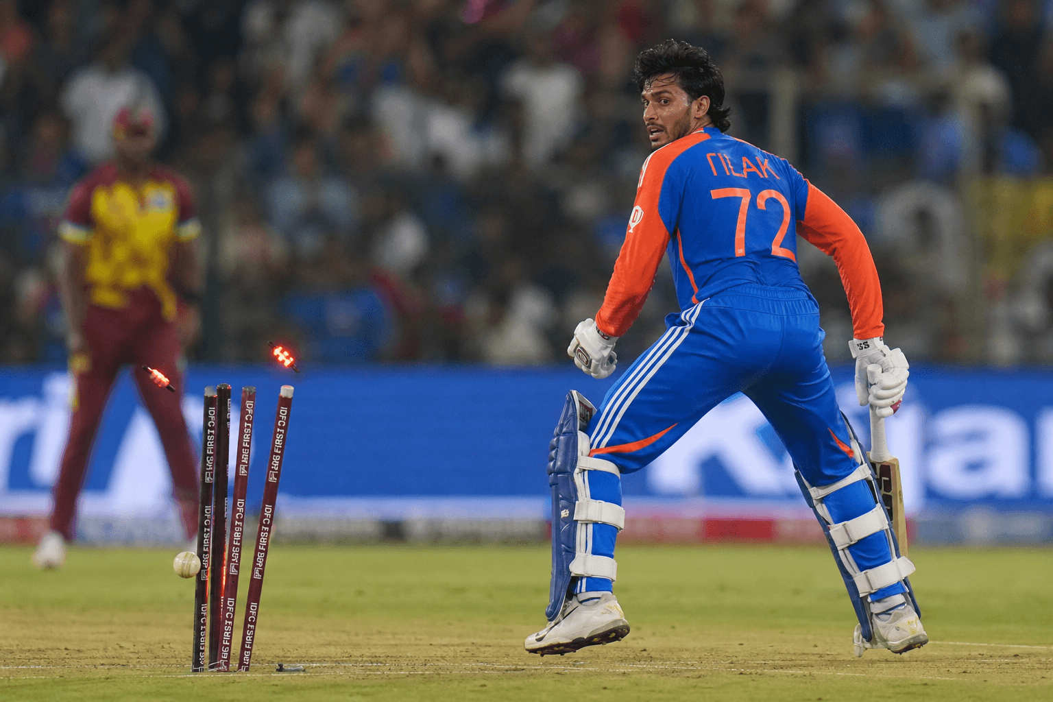 Tilak Varma run out in unusual dismissal sequence